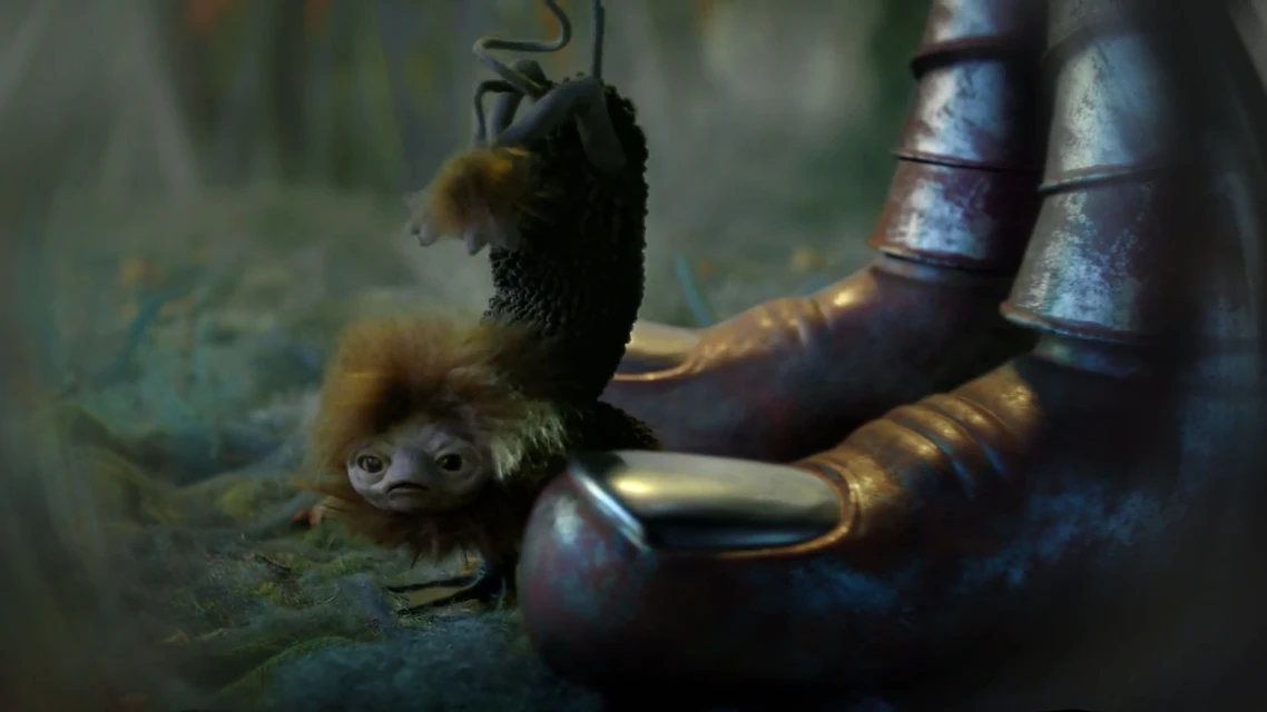 Close-up of Niffler-like creature with brown fur and large eyes, hanging by a wire near metallic boots in a muted color environment.