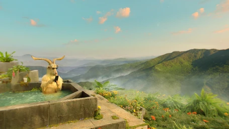 Surreal portrait of a horned goat wearing sunglasses and holding a smartphone while soaking in a rooftop stone pool overlooking mountain ranges.