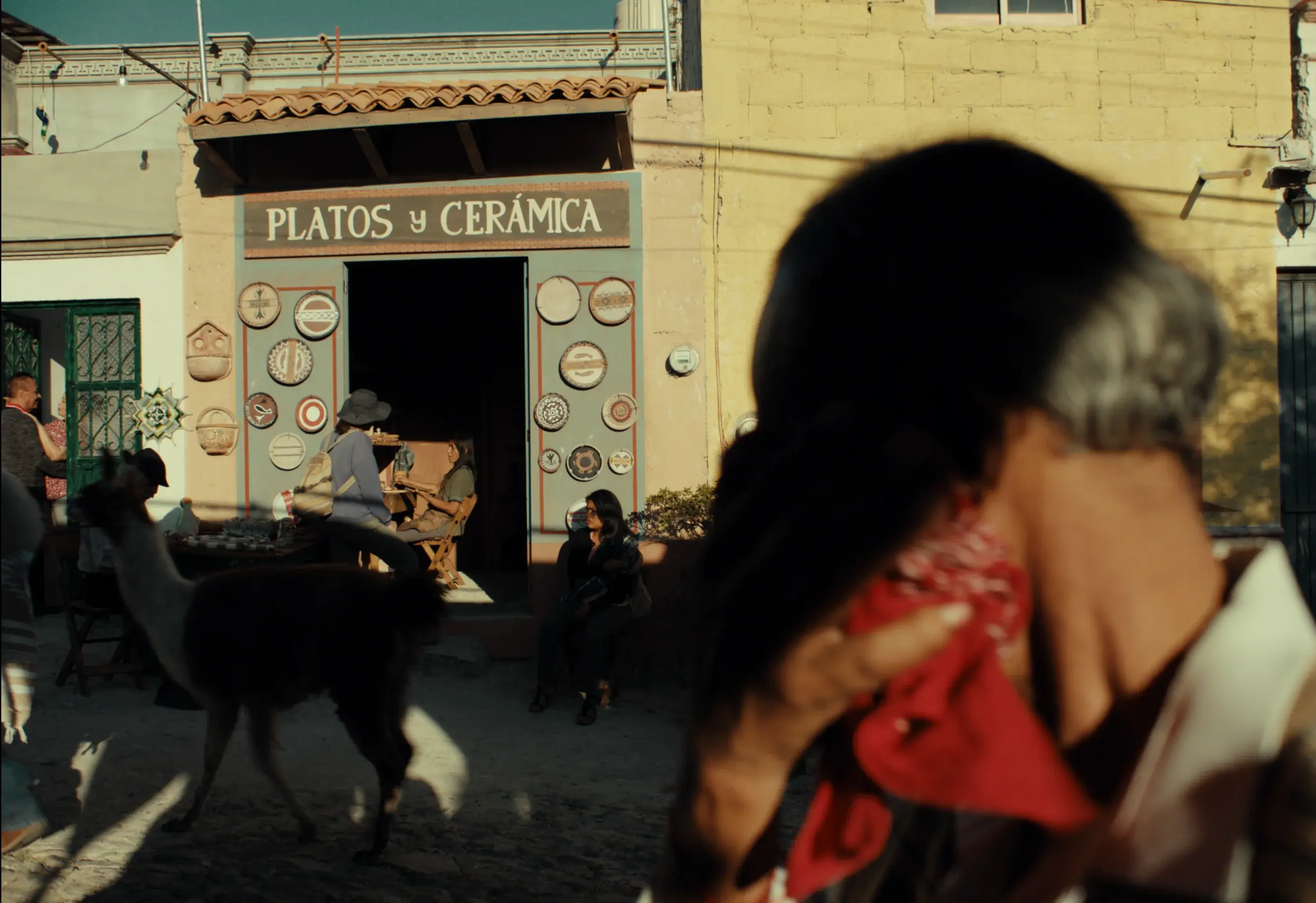 Outdoor market scene in a sunny town square, showcasing a pottery shop with pedestrians and a llama in the foreground.