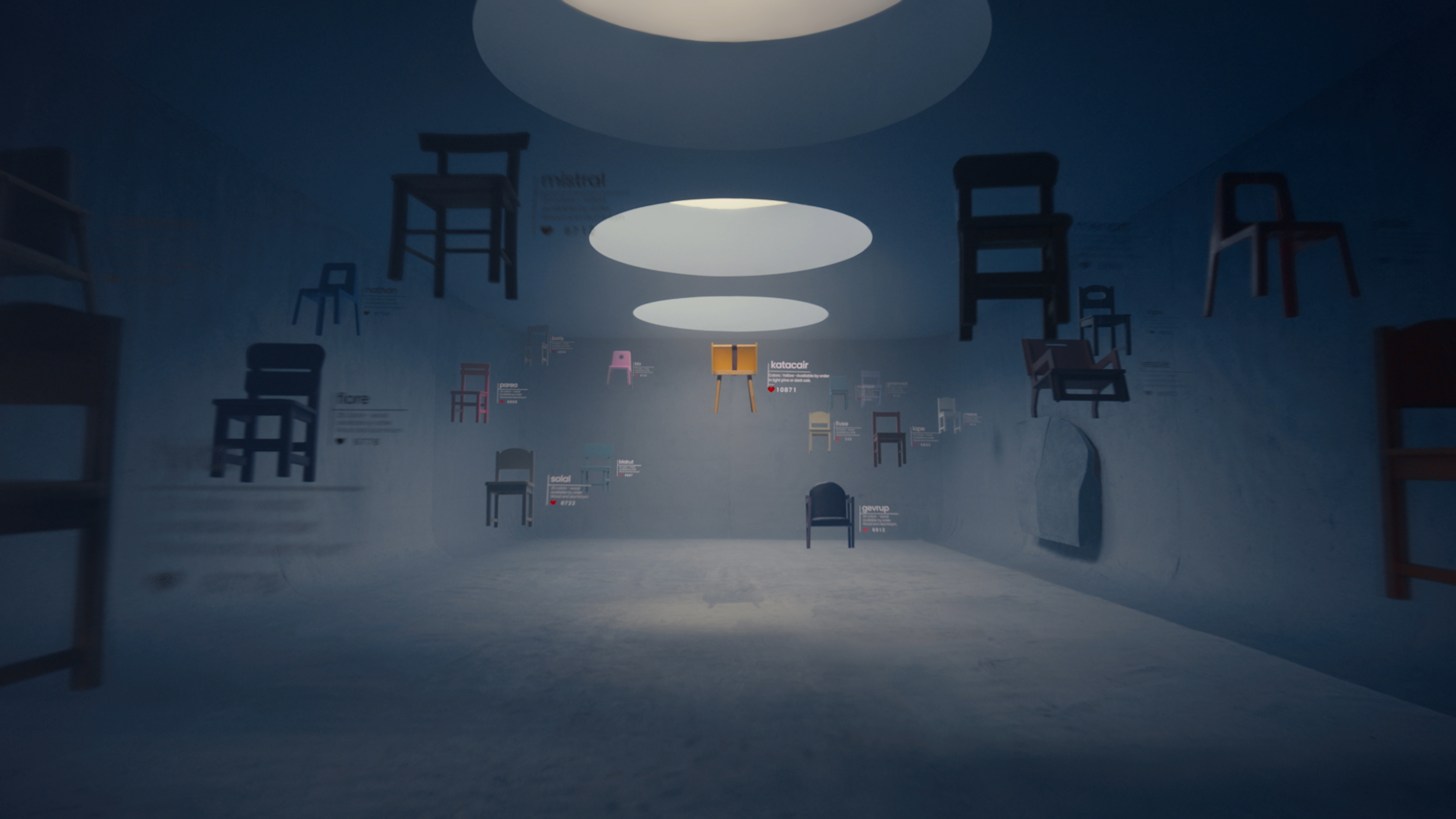 Interior view of a large room with spotlights and numerous chair illustrations on the walls, creating an art gallery exhibition.