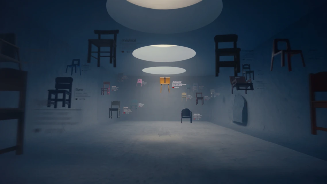 Interior view of a large room with spotlights and numerous chair illustrations on the walls, creating an art gallery exhibition.