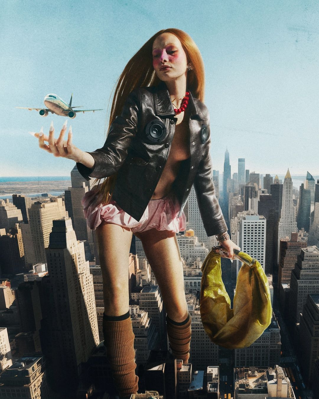 Adult woman in leather jacket with a handbag standing on a city rooftop with an airplane and a cityscape in the background under blue sky.