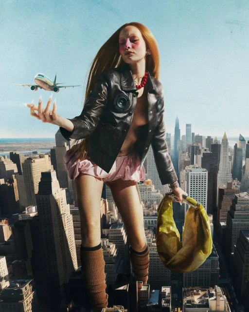 Adult woman in leather jacket with a handbag standing on a city rooftop with an airplane and a cityscape in the background under blue sky.