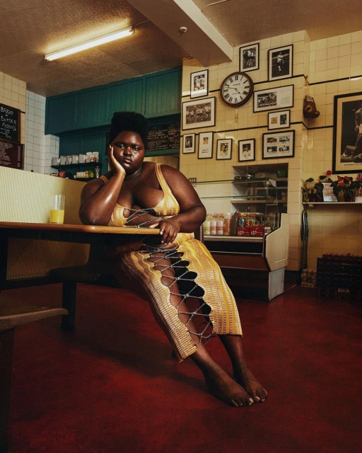 Plus-size model poses indoors in a yellow dress with open lattice detail, seated at a wooden table in an eatery with tiled walls.