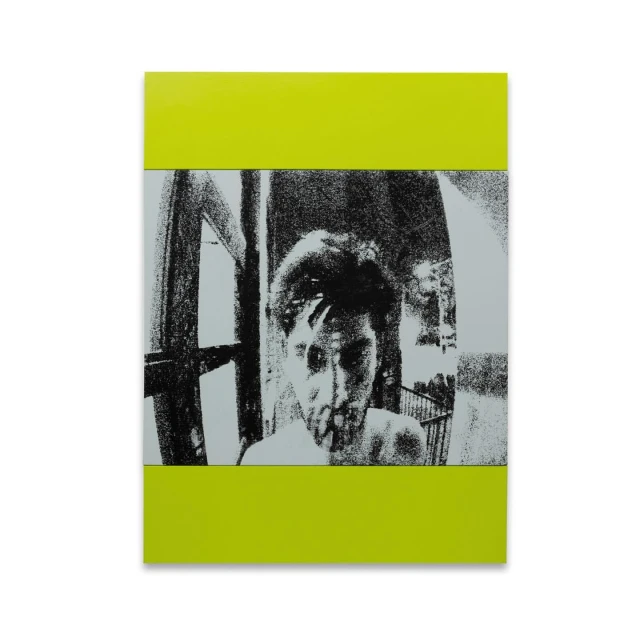 Artistic monochrome portrait of a man with tousled hair against a bright green background, created using a textured printmaking technique.