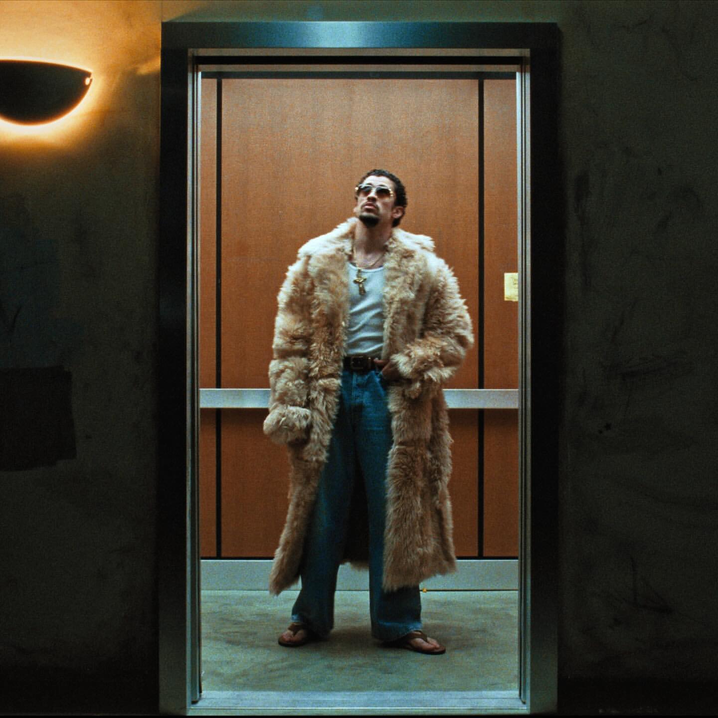 Adult male in a fur coat inside an elevator with medium lighting. He is wearing sunglasses and looking upwards in a fashionable pose.