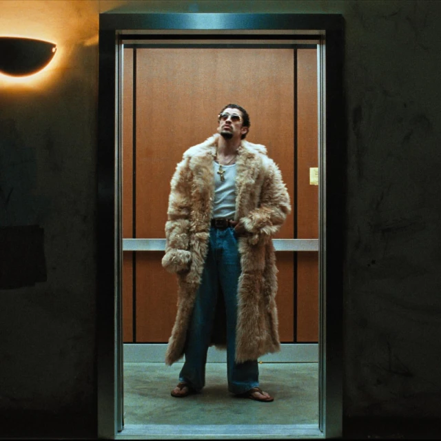 Adult male in a fur coat inside an elevator with medium lighting. He is wearing sunglasses and looking upwards in a fashionable pose.