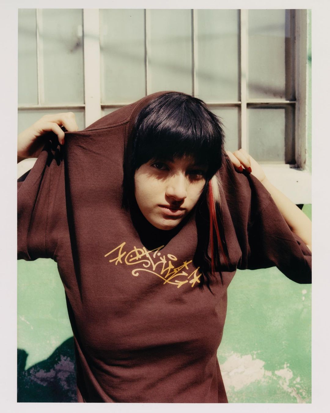 Young person puts on a brown t-shirt in front of a window. The person has dark hair, fair skin, and a serious facial expression.