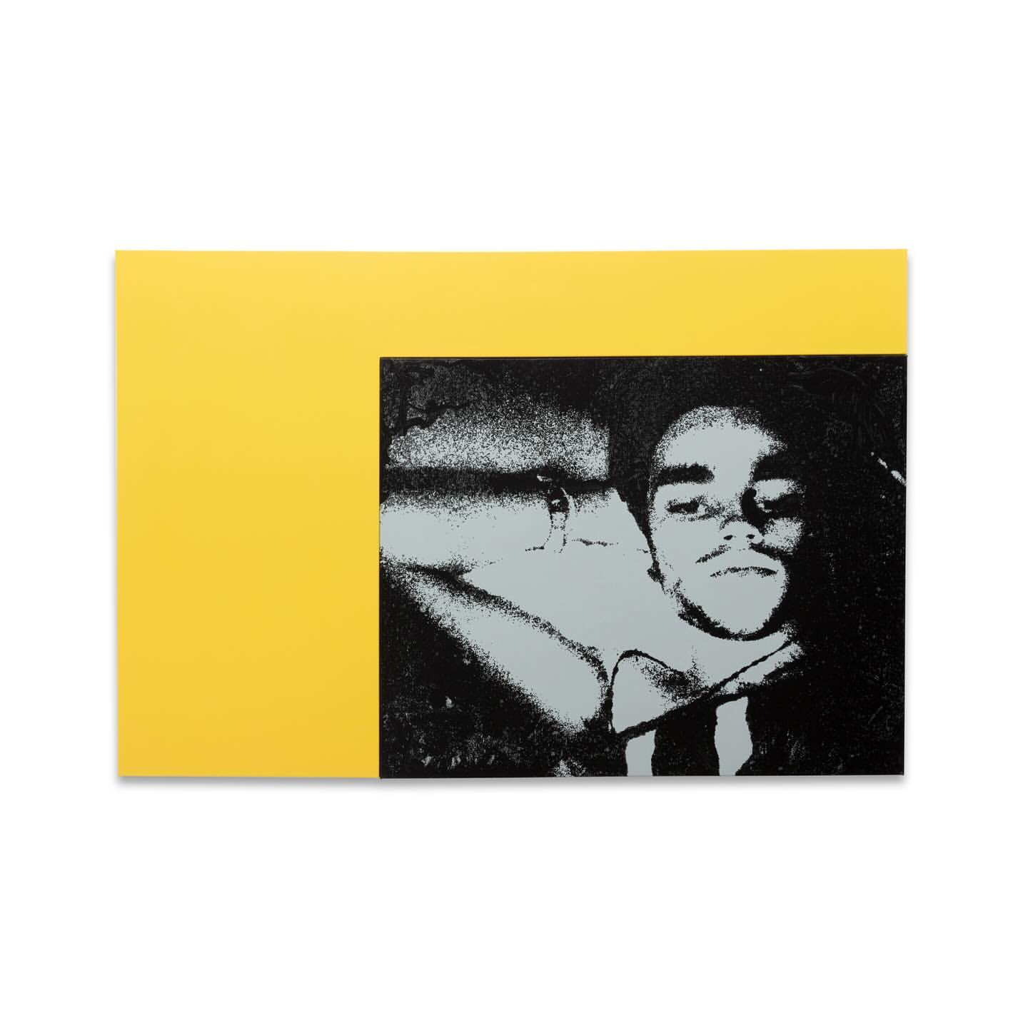 Art piece featuring a gray-scale headshot of a man with a figure in the background on the right, set against a solid yellow background.
