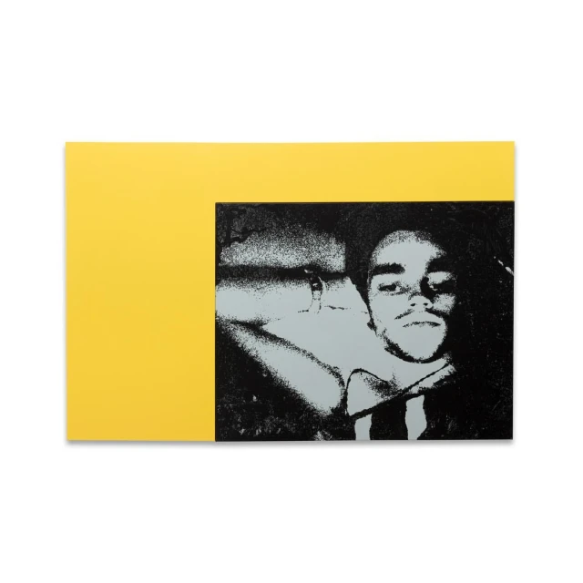 Art piece featuring a gray-scale headshot of a man with a figure in the background on the right, set against a solid yellow background.