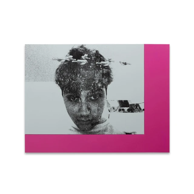 Monochrome portrait of a child with dark curly hair and a double exposure of flowers, framed with a solid pink border.