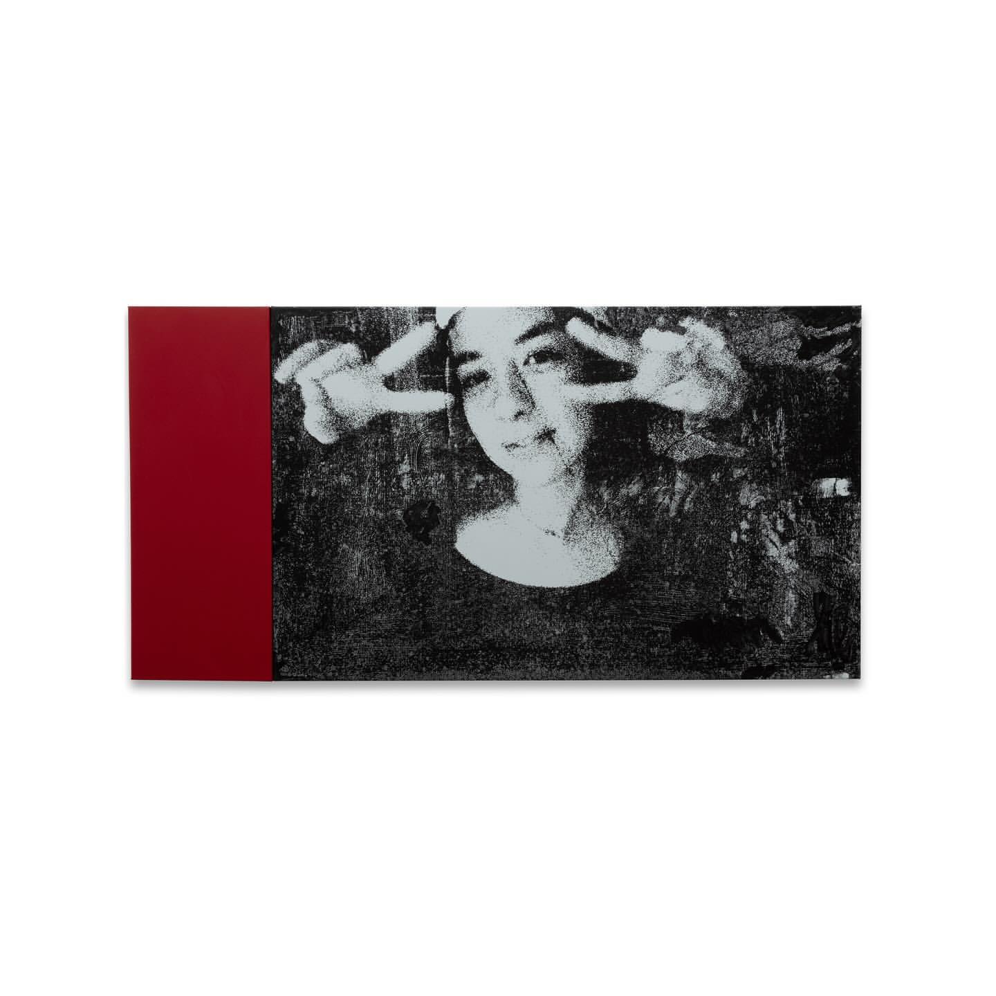 Monochromatic graphic art features a person making a peace sign against a grungy black-and-white backdrop with a red bar on the side.