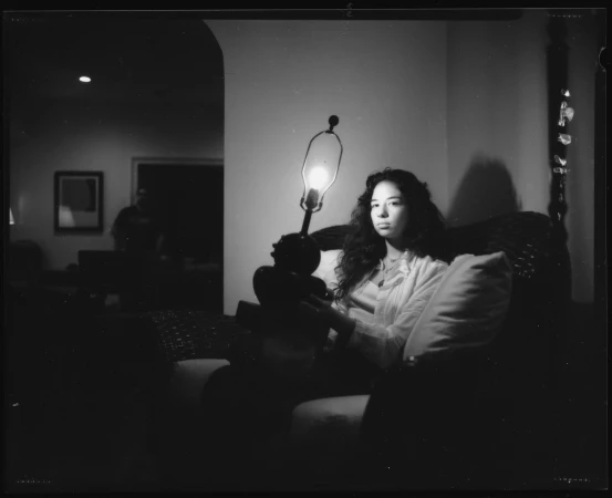 Monochrome portrait of a woman holding a lit table lamp while seated on a sofa in a dimly lit living room.