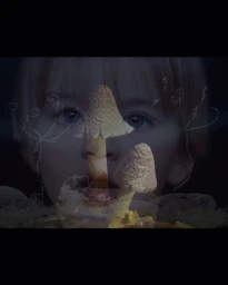 Double exposure portrait of a child overlaid with two textured mushrooms against a dark background
