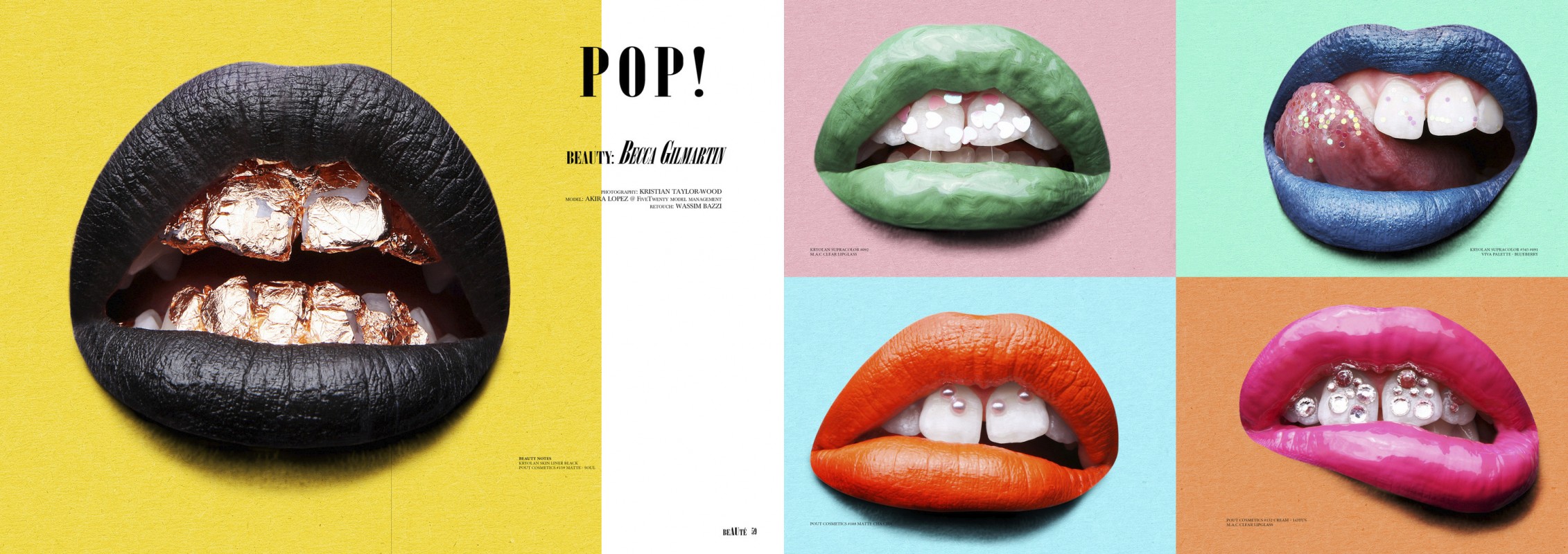 Collage of graphic beauty shots featuring colourful lipstick shades and embellished teeth in a fashion editorial, set against vivid backgrounds.
