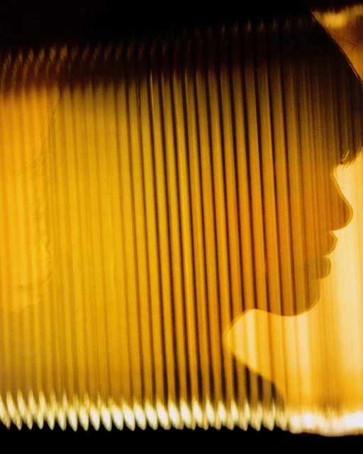 Abstract portrait of woman with short dark hair in profile, backlit with golden light and vertical striped pattern over face and body.