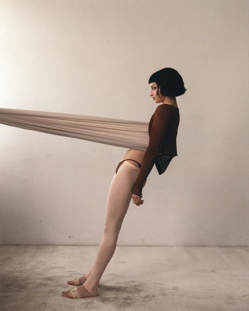 Woman in brown top and beige bottoms leans against a beige fabric in a minimalist studio setting, creating a contemporary fashion image.