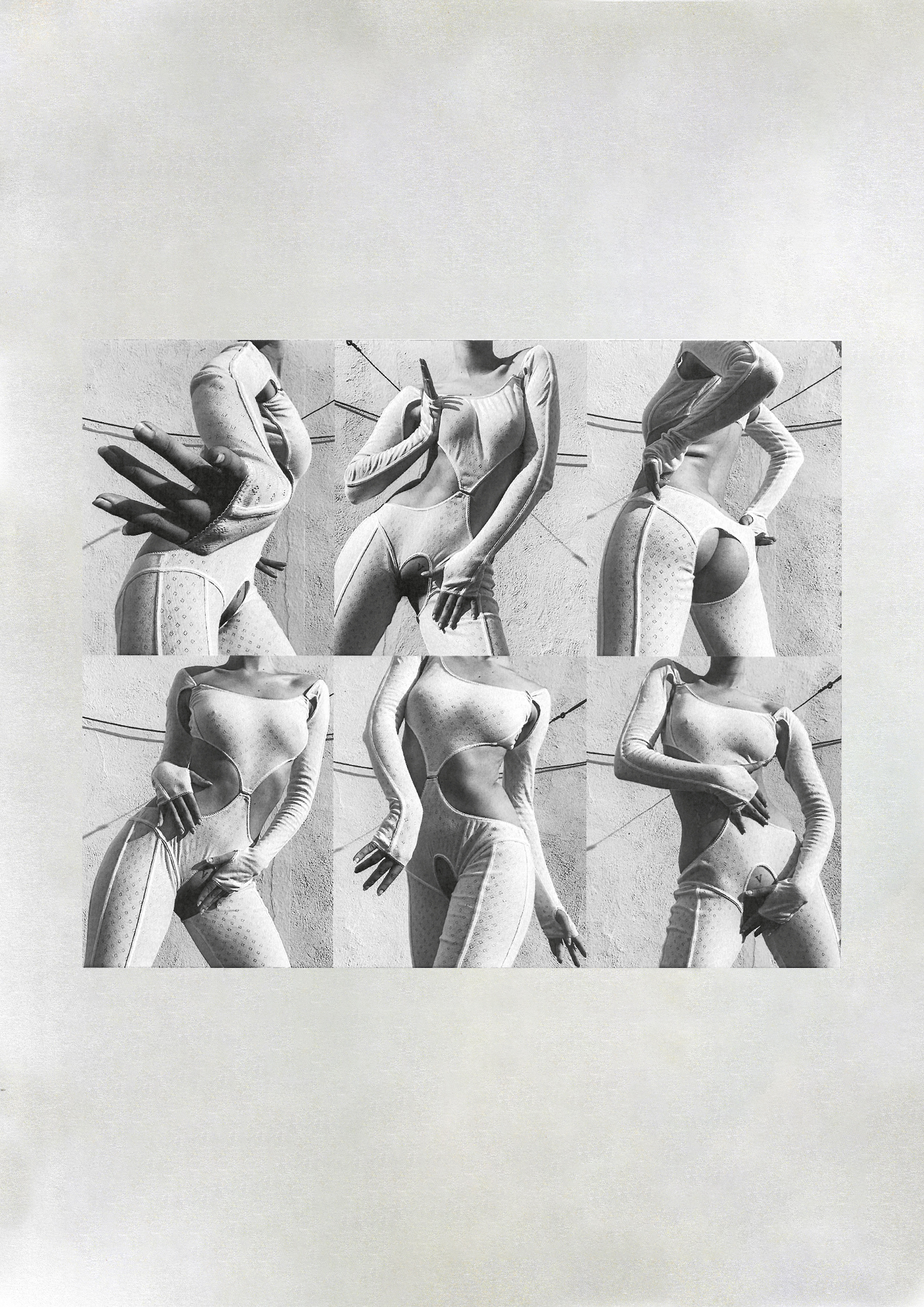 Fashion-forward art features a woman's torso in a dotted white bodysuit, rendered in a grid layout with a concrete wall backdrop.