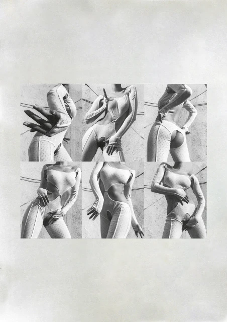 Fashion-forward art features a woman's torso in a dotted white bodysuit, rendered in a grid layout with a concrete wall backdrop.
