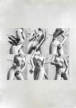 Fashion-forward art features a woman's torso in a dotted white bodysuit, rendered in a grid layout with a concrete wall backdrop.