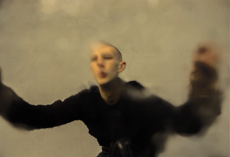 An adult with a shaved head in a black shirt, captured in an indoor setting with a hazy or smoky effect, creating an ethereal visual.