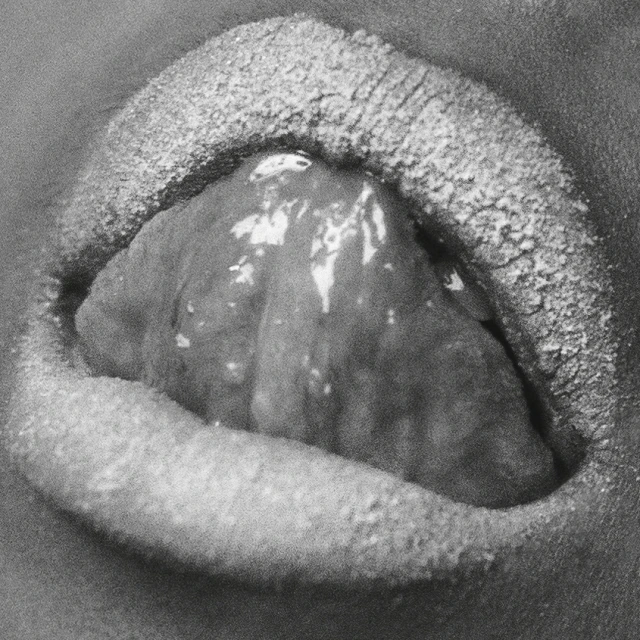 Close-up shot of human lips covered in silver glitter, with a tongue extending out, creating a textured and visually striking image.