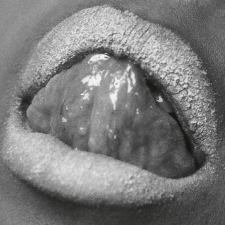 Close-up shot of human lips covered in silver glitter, with a tongue extending out, creating a textured and visually striking image.