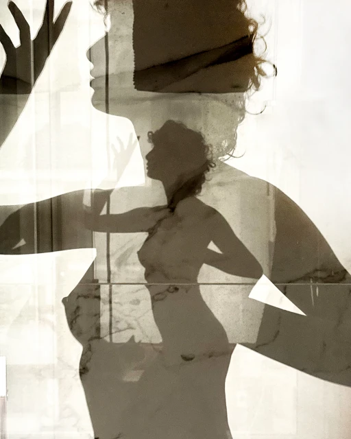 Monochromatic art photography featuring the layered silhouette of a woman against a textured window with geometric white shapes.