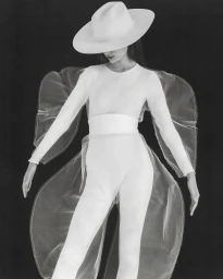 Monochrome fashion portrait of a model wearing a wide-brim hat and sheer overlay jumpsuit against a dark background