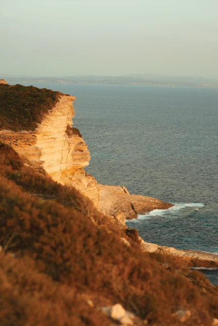 Scenic view of a rocky cliffside with vegetation overlooking the ocean, captured in soft, warm lighting during daytime.