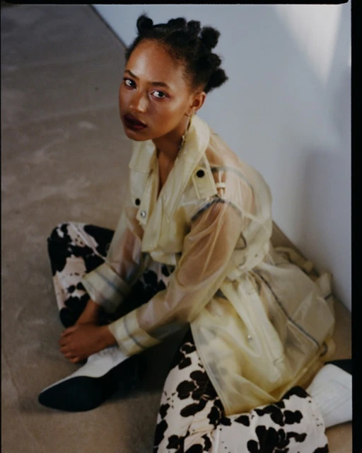 Young woman with a clear trench coat poses indoors. She sits against a white wall. Her pants are cow print. She looks at the camera.