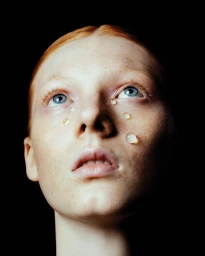 Close-up portrait of a woman with red hair and blue eyes looking upward with translucent droplet effects on her face against a black background