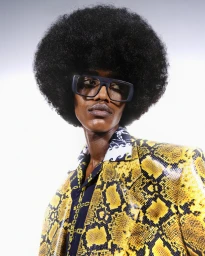 Model with a large black afro hairstyle wearing dark sunglasses and a yellow snakeskin print blazer by photographer Celina Martins.