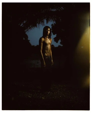 Portrait of a shirtless man with long dreadlocks standing outdoors at night under dark silhouetted palm fronds by Dani Pujalte