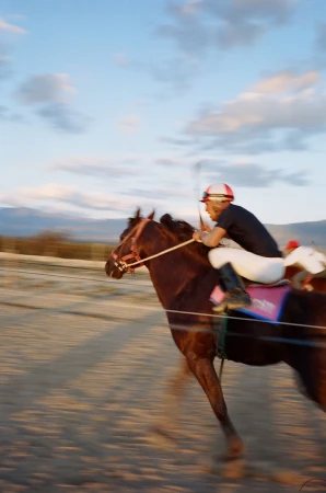 Horse and jockey galloping on a sand track under a blue sky with clouds, mountains in the distance. The motion is blurred.