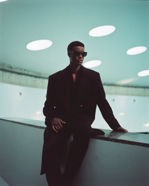 Stylish African-American male model in black coat and sunglasses poses indoors against a pale aqua ceiling with round recessed lights.