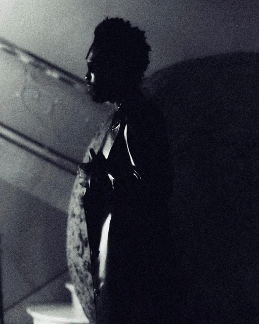 Monochrome portrait of a man in profile, depicted in a low-key lighting scheme against a shadowy interior backdrop.