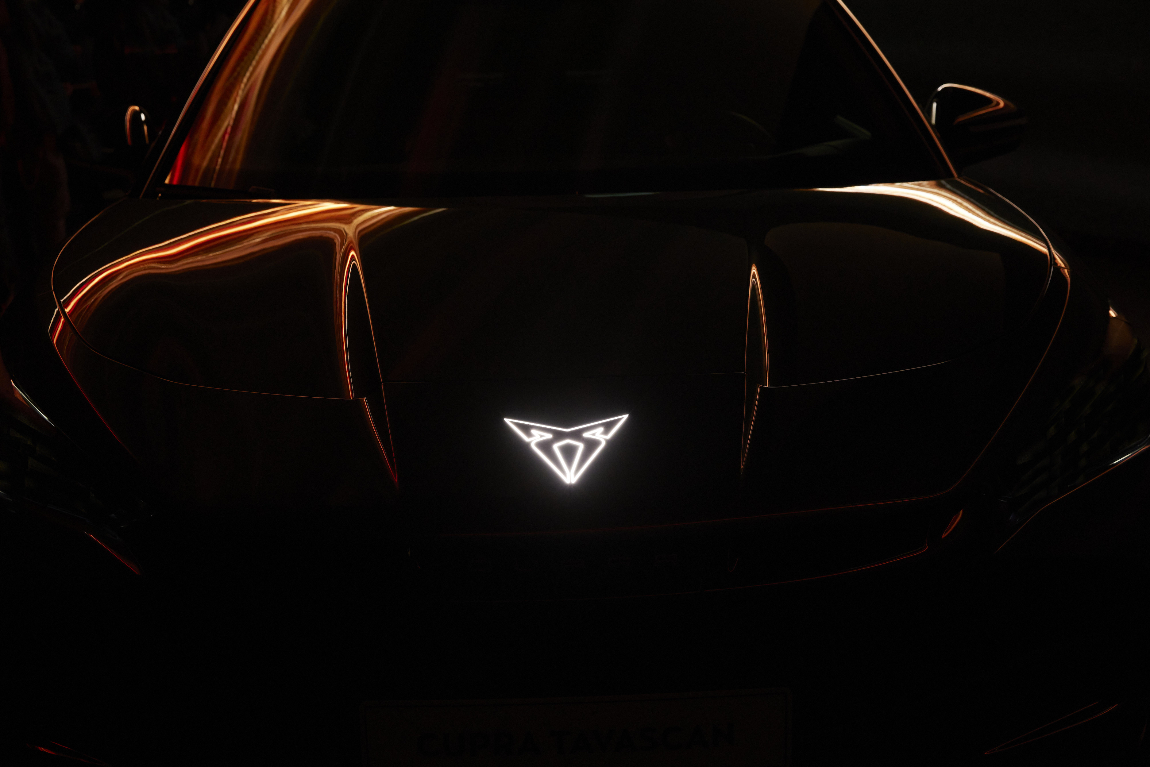 Close-up of a sleek black car featuring a glowing emblem on the hood, highlighted by light streaks in a dark environment.