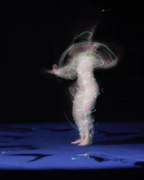 Long exposure photograph of a figure in motion with glowing green light trails against a dark background