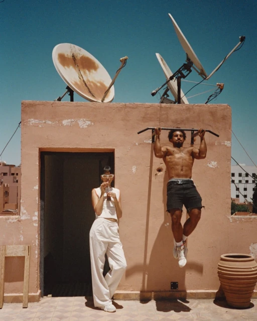 A man does pull-ups on a roof next to a woman in white pants; satellite dishes and clear blue sky overhead in an outdoor setting.