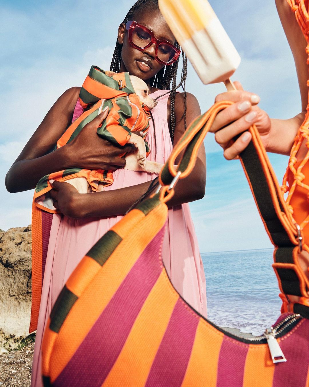 A dark-skinned woman in glasses holds a dog in matching striped fabric, with a striped handbag and a person holding a popsicle.