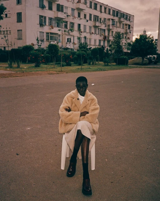 A young Black female model sits on a white chair wearing a beige coat and dark shoes in an urban outdoor setting with buildings.