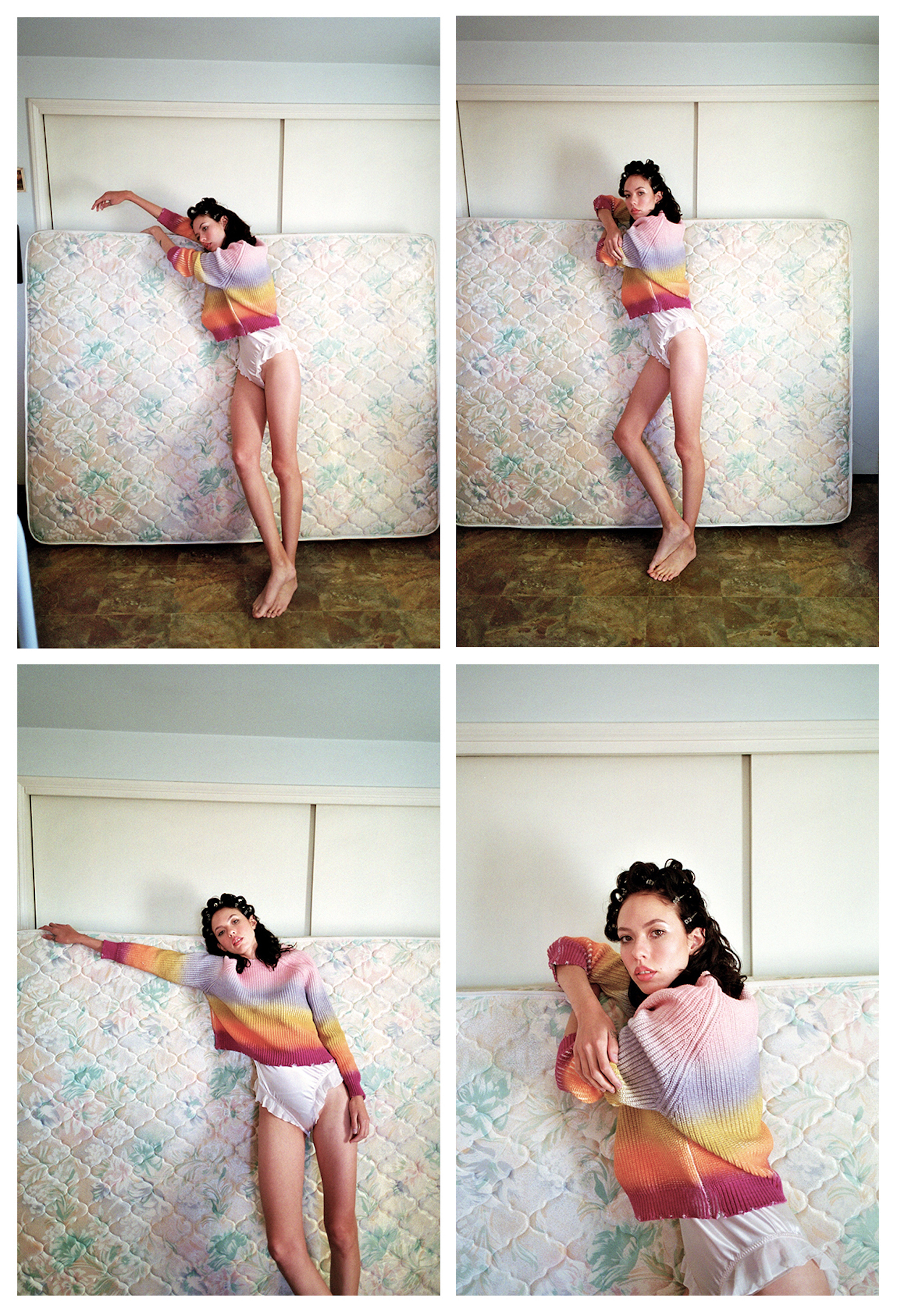 Four-panel fashion shot of a young adult female model in colorful sweater and white shorts posing against a vintage mattress in a room.