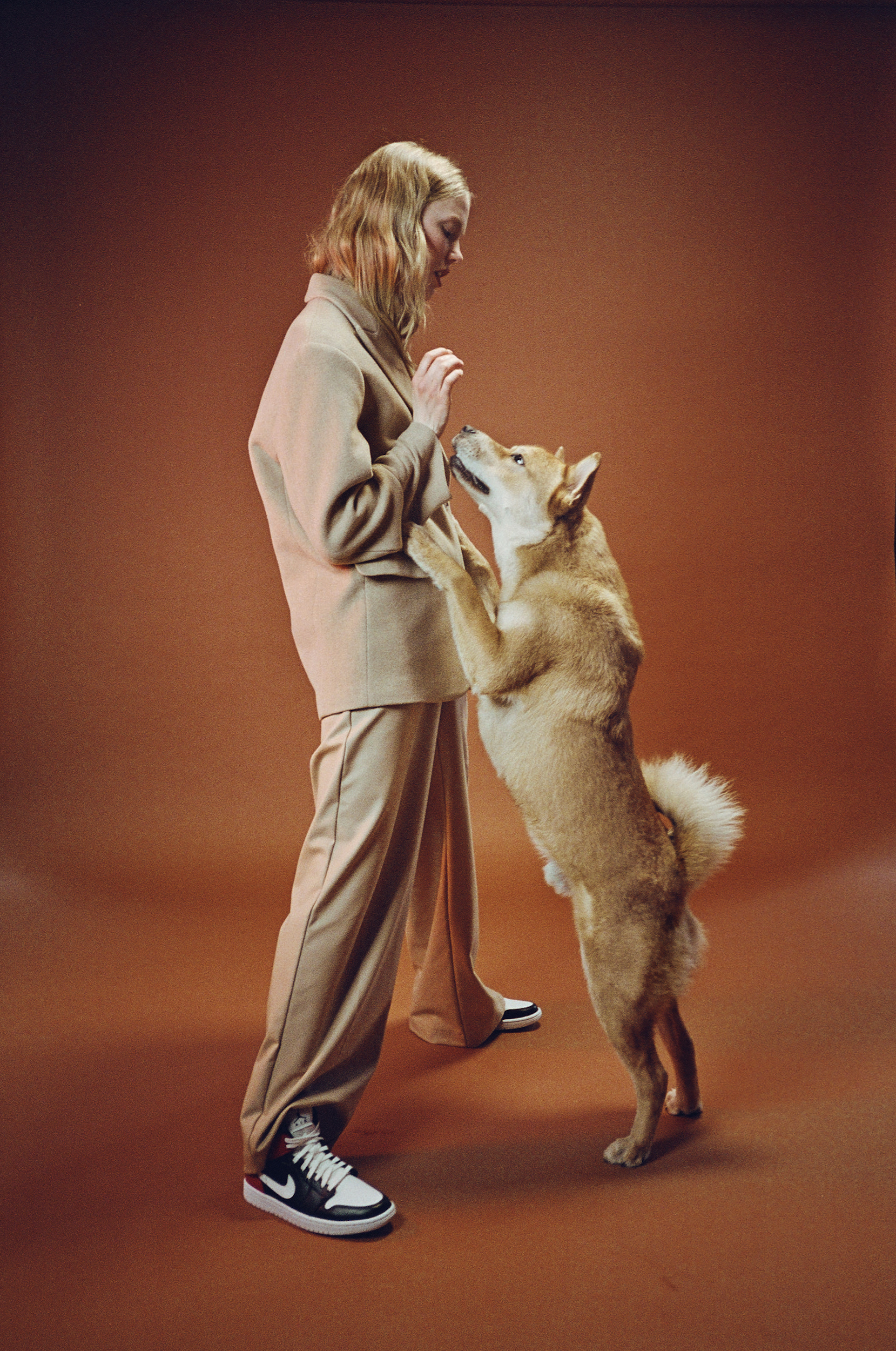 Woman in a suit with a Shiba Inu dog standing on its hind legs against a brown backdrop in a studio setting, medium shot.