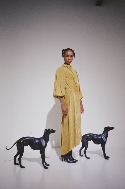 Indoor shot featuring a slender woman in a gold dress flanked by two black dog statues against a stark white backdrop.