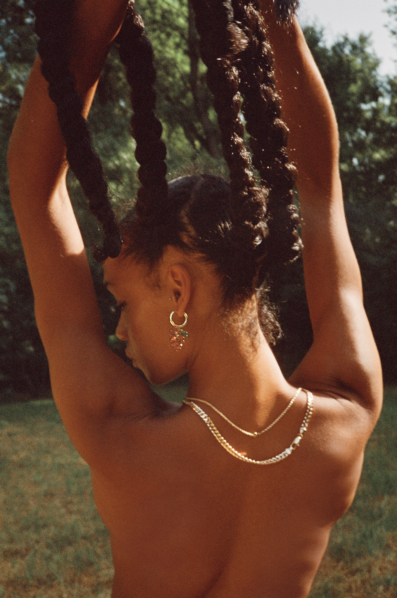 Portrait of a Black woman with long braided hair held up, wearing gold hoop earrings and layered necklaces, outdoors in a park.