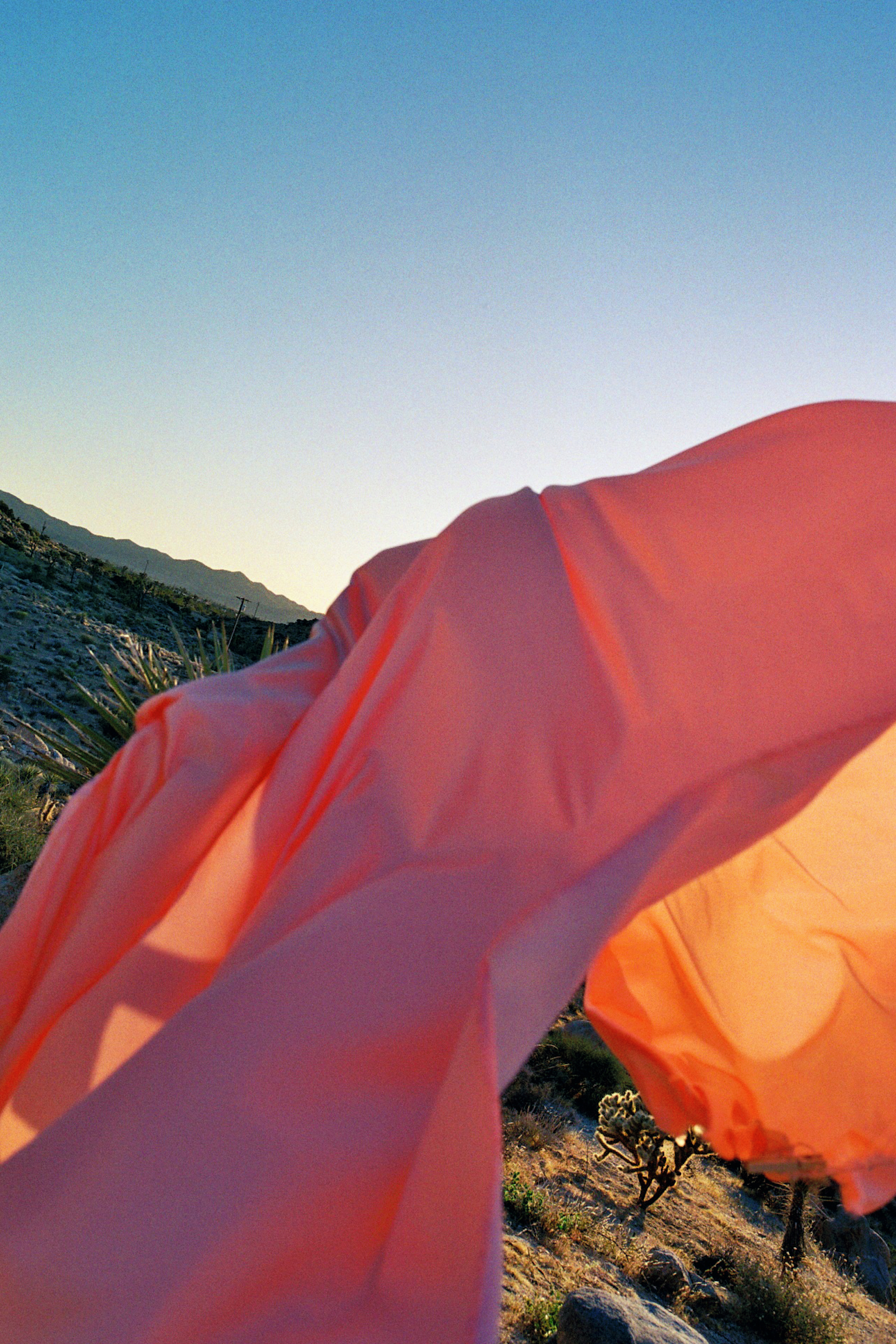 Peach fabric billows in a desert landscape with mountains under a clear blue sky creating a soft, dreamy outdoor editorial.