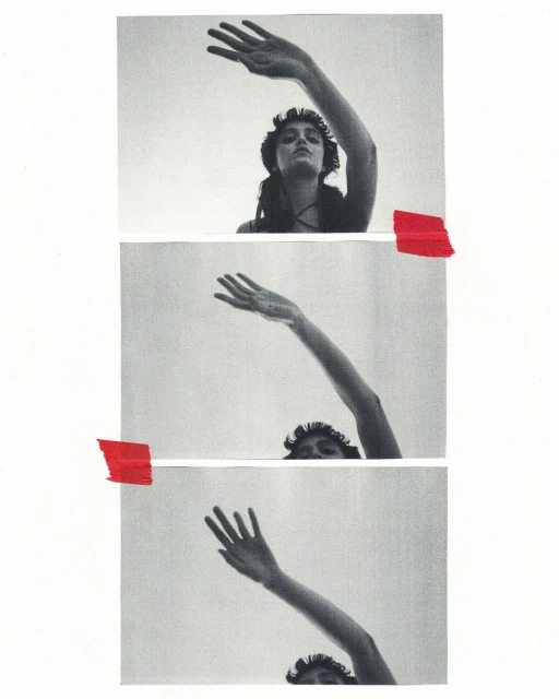 Monochrome collage of a woman's portrait with arm outstretched against a light background, accented by red tape.