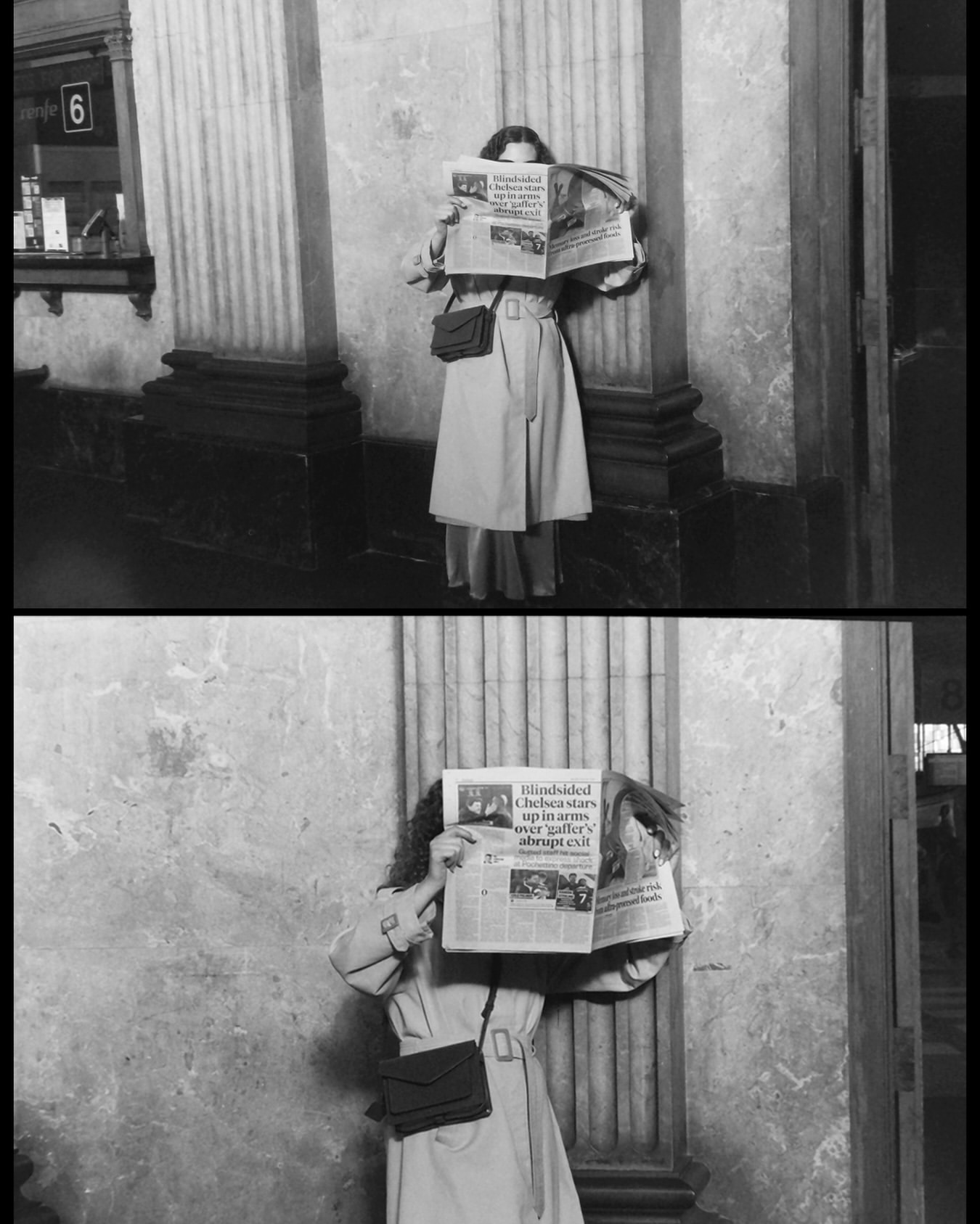 Woman in trench coat reading newspaper in a building with marble columns, shot in black and white with natural lighting.