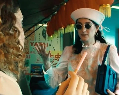 Woman wearing white hat and sunglasses talks to a person in an indoor setting with Chinese lanterns and signage in the background.